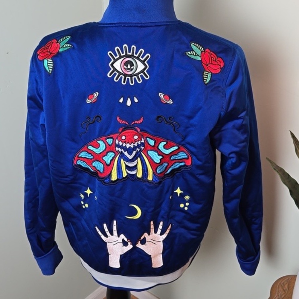 Adidas originals royal blue moth butterfly eye satin bomber moto jacket coat